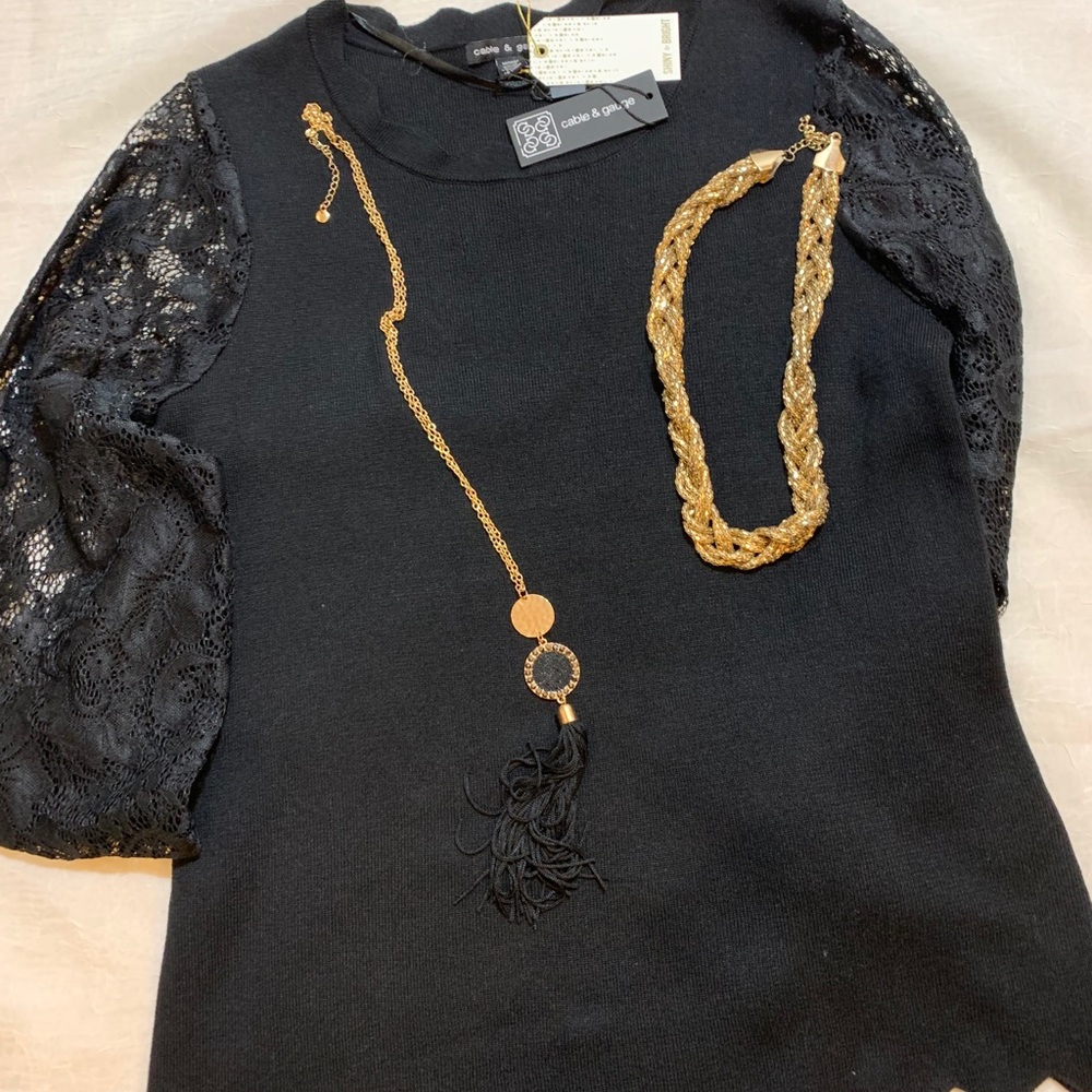 Cable & Gauge black sweater with lace long sleeves